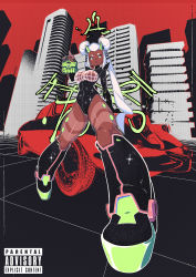 Rule 34 | 1girl, absurdres, album cover, bag, black leotard, boots, breasts, building, citroen ds, colored shoe soles, commentary, cover, cyberpunk, cyborg, dark-skinned female, dark skin, double bun, english commentary, fake cover, fingernails, fishnets, foreshortening, full body, green horns, hair bun, handbag, highres, holding, holding bag, horns, joints, knee boots, large breasts, leotard, long fingernails, long hair, looking to the side, moikaloop, multicolored eyes, nail polish, neon trim, no nipples, oni horns, original, parental advisory, pink nails, robot joints, short eyebrows, skyscraper, solo, synica (moikaloop), translation request, twintails, very long hair, white hair
