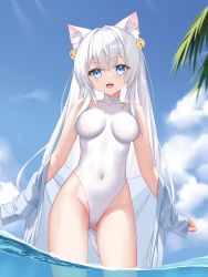 Rule 34 | 1girl, :d, animal ear fluff, animal ears, bell, blue eyes, blue sky, blush, breasts, cat ears, cat girl, cat tail, chucolala, cloud, collarbone, covered navel, day, eyes visible through hair, fangs, gluteal fold, groin, hair bell, hair between eyes, hair ornament, hair over shoulder, hair strand, highleg, highleg swimsuit, jawr8473, long hair, long sleeves, looking at viewer, medium breasts, off shoulder, one-piece swimsuit, open clothes, open mouth, open shirt, outdoors, palm tree, partially underwater shot, school swimsuit, shirayuki aria, shirt, sidelocks, signature, sky, sleeves past fingers, sleeves past wrists, smile, solo, standing, swimsuit, tail, tree, very long hair, virtual youtuber, wading, water, wet, white hair, white one-piece swimsuit, white shirt