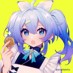 Rule 34 | + +, 1girl, :o, ahoge, apron, black choker, black kimono, blue bow, blue eyes, blue hair, blush, bow, choker, commentary request, cookie, food, frilled apron, frills, hair between eyes, hair ornament, hairclip, hand up, holding, holding food, japanese clothes, kimono, long hair, looking at viewer, open mouth, original, prophet chu, simple background, solo, twintails, twitter username, white apron, yellow background