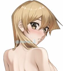 1girl breasts brown_eyes brown_hair from_behind large_breasts long_hair looking_at_viewer looking_back rourou_ill simple_background solo tenjouin_asuka topless upper_body white_background yu-gi-oh! yu-gi-oh!_gx