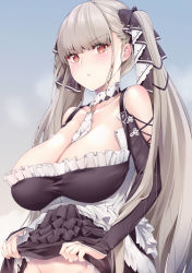 Rule 34 | 1girl, amasora taichi, azur lane, bare shoulders, between breasts, black choker, black dress, black ribbon, blush, breasts, choker, cleavage, closed mouth, clothes lift, collarbone, dress, dress lift, formidable (azur lane), frilled dress, frills, frown, groin, hair between eyes, hair ribbon, highres, large breasts, lifting own clothes, lips, long hair, long sleeves, looking at viewer, no panties, out-of-frame censoring, red eyes, ribbon, silver hair, solo, twintails, two-tone dress, two-tone ribbon, upper body, very long hair, white choker, white dress, white ribbon