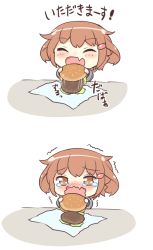 Rule 34 | 10s, 1girl, :d, ^ ^, aged down, brown eyes, brown hair, burger, burger malfunction, closed eyes, commentary request, fang, food, gale kawaii, hair ornament, hairclip, ikazuchi (kancolle), kantai collection, open mouth, short hair, simple background, skin fang, smile, solo, tearing up, tears, translation request, trembling, wavy mouth