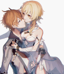 Rule 34 | 1boy, 1girl, bad id, bad pixiv id, bare shoulders, blonde hair, blue eyes, breasts, capelet, cleavage, coat, collarbone, dress, feather hair ornament, feathers, flower, gauntlets, genshin impact, hair between eyes, hair flower, hair ornament, kino (m6t2a), lumine (genshin impact), orange hair, short hair, simple background, tartaglia (genshin impact), white background, white coat, white dress, yellow eyes