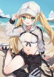 Rule 34 | 1girl, artoria caster (fate), artoria caster (swimsuit) (fate), artoria caster (swimsuit) (first ascension) (fate), artoria pendragon (fate), asymmetrical clothes, baseball cap, beach, bikini, black pants, blonde hair, blue sky, blush, breasts, cropped jacket, fate/grand order, fate (series), green eyes, hat, highres, jacket, kan&#039;yu (citron 82), long hair, long sleeves, looking at viewer, navel, open mouth, pants, sandals, shore, shrug (clothing), single pantsleg, sitting, sky, small breasts, smile, solo, swimsuit, twintails, white bikini, white hat, white jacket, wristband