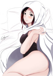 Rule 34 | 1girl, absurdres, aikiyun, artist name, ass, blush, brown hair, capelet, highres, hood, leotard, looking at viewer, lying, on side, rwby, signature, grey eyes, smile, solo, summer rose, thighs, white background, white hood