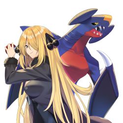 Rule 34 | 1girl, black jacket, black sclera, blonde hair, blue skin, breasts, collarbone, colored sclera, colored skin, commentary request, creatures (company), cynthia (pokemon), fur collar, game freak, garchomp, gen 4 pokemon, google (asdek18), grey background, hair ornament, hair over one eye, hand up, highres, holding, holding poke ball, jacket, long hair, long sleeves, looking at viewer, nintendo, poke ball, pokemon, pokemon (creature), pokemon dppt, red skin, sharp teeth, simple background, smile, teeth, yellow eyes