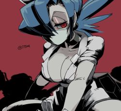 Rule 34 | + +, 1girl, 770mk, blue hair, breasts, cleavage, eyepatch, hair over one eye, hat, large breasts, looking at viewer, mask, mouth mask, nurse, nurse cap, one-eyed, ponytail, red background, shading, skullgirls, surgical mask, twitter username, valentine (skullgirls), white headwear