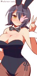 Rule 34 | 10s, 1girl, 9law, animal ears, bad id, bad pixiv id, bare shoulders, breasts, cleavage, eyepatch, highres, kantai collection, leotard, looking at viewer, pantyhose, playboy bunny, purple hair, rabbit ears, short hair, simple background, solo, tenryuu (kancolle), v, white background, yellow eyes