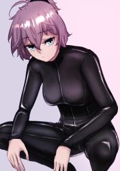 Rule 34 | 1girl, absurdres, aoba (kancolle), black bodysuit, black wetsuit, bodysuit, breasts, commentary request, diving suit, feet out of frame, gradient background, green eyes, grey background, highres, ikadamo, kantai collection, medium breasts, messy hair, ponytail, purple hair, short hair, solo, squatting, wetsuit