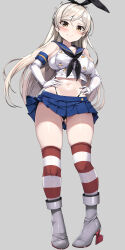 Rule 34 | 1girl, absurdres, animal ears, black neckerchief, blue sailor collar, blue skirt, blush, boots, breasts, brown eyes, closed mouth, collarbone, commentary request, conte di cavour (kancolle), cosplay, fake animal ears, gluteal fold, grey background, grey footwear, halter shirt, halterneck, hands on own hips, highleg, highleg panties, highres, kantai collection, large breasts, light brown hair, long hair, miniskirt, navel, neckerchief, panties, rabbit ears, sailor collar, shimakaze (kancolle), shimakaze (kancolle) (cosplay), simple background, skirt, smile, solo, standing, stomach, striped clothes, striped thighhighs, thighhighs, thong, torisan, underwear