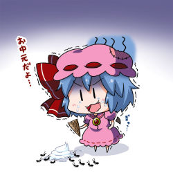 Rule 34 | 1girl, ant, bad id, bad pixiv id, bat wings, blue background, blue hair, brooch, bug, detached wings, food, gloom (expression), gradient background, hat, holding, ice cream, ice cream cone, insect, jewelry, mob cap, noai nioshi, patch, remilia scarlet, solo, touhou, translation request, trembling, turn pale, white background, wings, | |