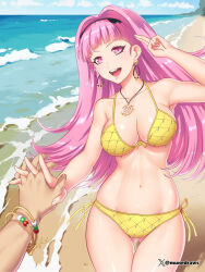 Rule 34 | 1boy, 1girl, :d, alternate costume, beach, bikini, blue sky, blunt bangs, bracelet, breasts, claude von riegan, cleavage, cloud, commentary, cowboy shot, crests (fire emblem), day, english commentary, etchimune, fire emblem, fire emblem: three houses, gluteal fold, hilda valentine goneril, holding hands, jewelry, large breasts, long hair, looking at viewer, matching hair/eyes, navel, nintendo, ocean, open mouth, outdoors, pink eyes, pink hair, side-tie bikini bottom, sky, smile, standing, stomach, swimsuit, thighs, twitter username, very long hair, water, yellow bikini
