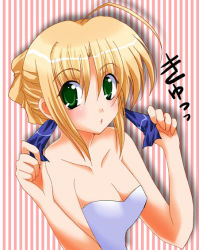 Rule 34 | 00s, 1girl, :o, ahoge, artoria pendragon (all), artoria pendragon (fate), bare shoulders, blonde hair, blush, breasts, casual one-piece swimsuit, cleavage, fate/stay night, fate (series), green eyes, hair between eyes, hair bun, hair ribbon, hairdressing, kineya emuko, looking at viewer, one-piece swimsuit, open mouth, parted bangs, ribbon, saber (fate), shadow, short hair, sidelocks, single hair bun, small breasts, solo, striped, striped background, swimsuit, upper body, white one-piece swimsuit