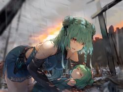 Rule 34 | 2girls, age difference, aged down, backless outfit, blood, braid, child, closed eyes, cuts, detached sleeves, double bun, dress, funi mu9, green hair, hair bun, hair ribbon, highres, hololive, injury, long hair, lying, mother and daughter, multiple girls, on back, onee-loli, open mouth, planted, planted sword, planted weapon, rain, red eyes, ribbon, short hair, side braid, size difference, sleeveless, sleeveless dress, sword, uruha rushia, uruha rushia (1st costume), virtual youtuber, weapon