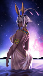 Rule 34 | 1girl, absurdres, animal ears, antenna hair, armlet, ass, back, belly chain, black hair, breasts, butt crack, colored inner hair, covered erect nipples, dark-skinned female, dark skin, dress, earrings, egyptian, facepaint, facial mark, fate/grand order, fate (series), gold trim, hairband, highres, hoop earrings, jackal ears, jewelry, large breasts, looking at viewer, looking back, multicolored hair, night, night sky, nitocris (fate), nitocris alter (fate), nitocris alter (milky way) (fate), parted lips, see-through, short hair, sideboob, sidelocks, sky, solo, star (sky), starry sky, streaked hair, usekh collar, wading, water, wet, wet clothes, white dress, white hair, yellow eyes, zinfian