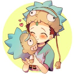 Rule 34 | doll, hugging doll, closed eyes, happy, mortimer smith, morty smith, hugging object, stuffed toy, rick and morty, rick sanchez, smile, tagme, toy