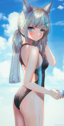 Rule 34 | 1girl, animal ear fluff, animal ears, bad id, bad twitter id, black one-piece swimsuit, blue archive, blue eyes, blush, bottle, breasts, closed mouth, cowboy shot, cross, cross hair ornament, extra ears, from side, grey hair, hair ornament, hanato (seonoaiko), highres, holding, holding bottle, holding towel, inverted cross, looking at viewer, looking to the side, mismatched pupils, one-piece swimsuit, ponytail, shiroko (blue archive), shiroko (swimsuit) (blue archive), small breasts, solo, standing, swimsuit, towel, wet, wet clothes, wet swimsuit