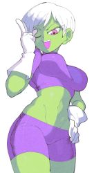 Rule 34 | 1girl, cheelai, colored skin, cowboy shot, dragon ball, dragon ball super, dragon ball super broly, gloves, green skin, hand on own hip, hand up, highres, inkerton-kun, midriff, one eye closed, open mouth, purple eyes, short hair, shorts, skin tight, solo, standing, stomach, very short hair, white background, white gloves, white hair