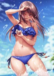 Rule 34 | 1girl, absurdres, bare arms, bare shoulders, bikini, blue bikini, blue sky, blurry, blurry background, blush, breasts, brown eyes, brown hair, cloud, cloudy sky, day, hands up, hanikami kanojo, highres, long hair, medium breasts, minazumi kasane, navel, one eye closed, open mouth, outdoors, piromizu, scan, shiny clothes, shiny skin, side-tie bikini bottom, sky, solo, splashing, stomach, swimsuit, thighs, water drop