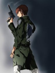Rule 34 | 1boy, absurdres, brown hair, daisx (dais0115), feet out of frame, floch forster, from below, from side, gun, highres, holding, holding gun, holding weapon, looking at viewer, male focus, military, military uniform, official style, pants, paradis military uniform, shingeki no kyojin, short hair, smoke, solo, survey corps (emblem), uniform, weapon, white pants