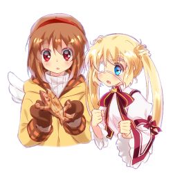 Rule 34 | 2girls, backpack, bag, blonde hair, blue eyes, brown hair, chinese commentary, coat, commentary request, company connection, cropped torso, dress, eyepatch, food, kanon, key (company), lliissaawwuu2, long hair, medical eyepatch, mittens, multiple girls, nakatsu shizuru, open mouth, red eyes, rewrite, ribbon, short hair, simple background, taiyaki, tsukimiya ayu, twintails, wagashi, white background, winged bag