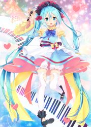 Rule 34 | 1girl, absurdly long hair, bad id, bad pixiv id, blue eyes, blue hair, blush, detached sleeves, full body, hatsune miku, heart, keyboard, long hair, looking at viewer, maruma (maruma gic), open mouth, signature, smile, solo, thighhighs, twintails, very long hair, vocaloid, white thighhighs