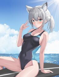 Rule 34 | 1girl, absurdres, animal ear fluff, animal ears, black one-piece swimsuit, blue archive, blue eyes, blue sky, breasts, cloud, competition swimsuit, covered navel, cowboy shot, cross hair ornament, day, extra ears, grey hair, hair ornament, halo, highres, horizon, iris angel12xii, leaning back, looking at viewer, low ponytail, medium breasts, medium hair, mismatched pupils, multicolored clothes, multicolored swimsuit, ocean, official alternate costume, one-piece swimsuit, outdoors, shiroko (blue archive), shiroko (swimsuit) (blue archive), sitting, sky, solo, surfboard, swimsuit, wolf ears