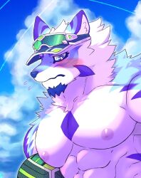 Rule 34 | 1boy, abs, animal ears, ball, bara, blue sky, blush, cloud, cloudy sky, commentary request, embarrassed, facial hair, flying sweatdrops, furry, furry male, goatee, highres, holding, holding ball, live a hero, looking at viewer, male focus, pectorals, sadayoshi (live a hero), sakuhuu, sky, upper body, visor cap, wolf boy, wolf ears