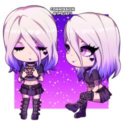 Rule 34 | animification, belt, black belt, black choker, black footwear, black shirt, black skirt, boots, chibi, choker, closed eyes, colored tips, commentary, commission, cropped shirt, dead by daylight, english commentary, eyeshadow, facial mark, grey hair, groin, hair between eyes, heart, heart facial mark, highres, jewelry, makeup, midriff, multicolored hair, multiple rings, multiple views, navel, pipa (1pgjsf1), purple eyes, purple eyeshadow, purple hair, ring, sable ward, shirt, sitting, skirt, smile, thigh boots