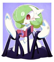 Rule 34 | absurdres, blush, bob cut, colored skin, creatures (company), dirty, dirty face, dirty hands, envi55109095, game freak, gardevoir, gen 3 pokemon, green hair, hair over one eye, highres, mega gardevoir, mega pokemon, multicolored skin, nintendo, open mouth, pink eyes, pokemon, pokemon (creature), purple background, restrained, simple background, tentacles, two-tone skin, white skin
