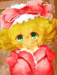Rule 34 | 00s, 1girl, bad id, bad pixiv id, blonde hair, bow, covering face, covering own mouth, covering privates, curly hair, dress, frills, green eyes, hair bow, hinaichigo, lace, looking up, minchu, pink bow, rozen maiden, short hair, solo