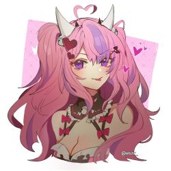 Rule 34 | 1girl, ahoge, bell, bow, breasts, commentary, english commentary, etctr (artist), hair bell, hair ornament, heart, heart ahoge, heart hair, highres, horns, idol clothes, ironmouse, medium breasts, multicolored hair, pink hair, purple eyes, purple hair, red bow, smile, solo, streaked hair, tongue, tongue out, twintails, twitter username, virtual youtuber, vshojo