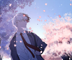 Rule 34 | 1boy, anime coloring, blazer, blue sky, blurry, blurry background, blurry foreground, boku no hero academia, burn scar, buttons, cel shading, cherry blossoms, cherry tree, collared shirt, double horizontal stripe, dress shirt, dutch angle, eyes visible through hair, falling petals, floating clothes, floating hair, floating neckwear, flower, grey eyes, grey jacket, hand up, highres, holding strap, jacket, lapels, long sleeves, looking to the side, makuro, male focus, multicolored hair, necktie, notched lapels, open clothes, open jacket, outdoors, parted lips, petals, pink flower, red hair, red necktie, scar, scar on face, school uniform, shirt, short hair, shoulder strap, sideways mouth, sky, solo, split-color hair, straight hair, todoroki shouto, tree shade, turning head, two-tone hair, u.a. school uniform, white hair, white shirt, wind, wing collar