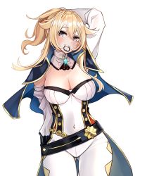 Rule 34 | 1girl, arm up, ass, belt, black belt, blonde hair, blue capelet, blue eyes, breasts, capelet, cleavage, commentary, covered navel, cowboy shot, detached collar, detached sleeves, genshin impact, gluteal fold, grin, hair between eyes, hair tie in mouth, highres, jean (genshin impact), large breasts, leggings, long hair, looking at viewer, mouth hold, pants, ponytail, reichidad, revision, shirt, simple background, smile, solo, standing, strapless, strapless shirt, teeth hold, transparent background, white pants, white shirt