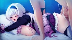 Rule 34 | 1girl, bed, blue background, blush, breast press, breasts, breasts out, censored, closed eyes, cum, cum in pussy, drill hair, ejaculation, eyebrows hidden by hair, from side, game cg, gamen kara detekita oshi vtuber to h na dousei seikatsu, huge breasts, legs, long hair, lying, mosaic censoring, multicolored hair, nipples, hugging object, on bed, on stomach, open mouth, orgasm, original, penis, pillow, pillow hug, prone bone, satou d. ruby, sex, sex from behind, simple background, skirt, thighhighs, thighs, two-tone hair, vaginal, yu-ta