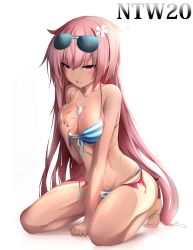 Rule 34 | 1girl, arm support, bare legs, barefoot, bikini, blush, breasts, character name, cleavage, collarbone, eyes visible through hair, eyewear on head, flower, food, girls&#039; frontline, hair flower, hair ornament, half-closed eyes, hand on own chest, highres, kneeling, long hair, looking at viewer, ntw-20 (girls&#039; frontline), ntw-20 (op. blazing sun) (girls&#039; frontline), official alternate costume, open mouth, pink eyes, pink hair, popsicle, ribs, sarong, sidelocks, simple background, solo, stomach, striped bikini, striped clothes, sunglasses, sweatdrop, swimsuit, tan, tanline, tearing up, torn bikini, torn clothes, torn sarong, very long hair, white background, xiaobai (cheng pan)