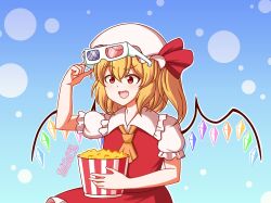 Rule 34 | 1girl, 3d glasses, ascot, blonde hair, blue background, commentary, crystal, dotted background, english commentary, fang, flandre scarlet, food, gradient background, hat, hat ribbon, highres, holding, holding food, lalo owo, looking at viewer, mob cap, open mouth, popcorn, raised eyebrow, red eyes, red ribbon, ribbon, short sleeves, solo, touhou, twitter username, white hat, wings, yellow ascot