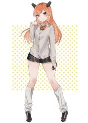 Rule 34 | 1girl, black footwear, black skirt, blue eyes, breasts, cardigan, closed mouth, collared shirt, dress shirt, full body, grey cardigan, hand up, headgear, holding, holding phone, kantai collection, loafers, long hair, long sleeves, miniskirt, one-hour drawing challenge, orange hair, phone, pleated skirt, polka dot, polka dot background, salmon (kancolle), shirt, shoes, simple background, skirt, small breasts, smartphone case, solo, standing, thighs, white background, white shirt, yamashichi (mtseven)