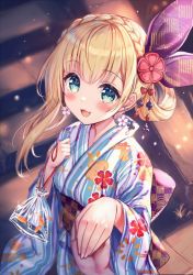Rule 34 | 1girl, :d, akabane (zebrasmise), bag, bagged fish, blonde hair, blurry, blurry background, blush, braid, breasts, commentary request, crown braid, depth of field, fish, floral print, goldfish, green eyes, hair ribbon, hair rings, hands up, holding hands, japanese clothes, kimono, long hair, long sleeves, looking at viewer, mononobe alice, nijisanji, obi, open mouth, out of frame, outdoors, print kimono, purple ribbon, ribbon, sash, sidelocks, small breasts, smile, solo focus, stairs, stone stairs, striped clothes, striped kimono, vertical-striped clothes, vertical-striped kimono, virtual youtuber, water, wide sleeves