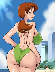 Rule 34 | 1girl, absurdres, alternate breast size, artist name, ass, ass focus, beach, blue sky, breasts, brown eyes, brown hair, covered erect nipples, creatures (company), curvy, darm engine, delia ketchum, game freak, green one-piece swimsuit, hands on own hips, highres, huge ass, long hair, looking at viewer, looking back, mature female, nintendo, one-piece swimsuit, open mouth, palm tree, pokemon, pokemon (anime), pokemon (classic anime), pokemon ep018, ponytail, sky, smile, solo, source request, sunlight, swimsuit, tan, tree, twitter username, wide hips