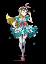 Rule 34 | 10s, 1girl, black background, blonde hair, blue dress, bow, closed mouth, collarbone, dress, green eyes, hairband, hand on own hip, kirahoshi ciel, kirakira precure a la mode, long hair, looking at viewer, pink bow, precure, puffy sleeves, red footwear, red hairband, senmu (0107), shoes, simple background, smile, solo, star (symbol), sunglasses, thighhighs, waist bow, walking, white thighhighs, zettai ryouiki