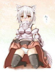 Rule 34 | 1girl, animal ears, bahamun, bare shoulders, black thighhighs, blush, breasts, detached sleeves, highres, inubashiri momiji, looking at viewer, midriff, open mouth, panties, pom pom (clothes), short hair, silver hair, sitting, small breasts, solo, tail, tears, thighhighs, touhou, underwear, wolf ears, wolf tail, yellow eyes