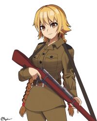Rule 34 | 1girl, absurdres, belt buckle, blonde hair, brown eyes, buckle, commentary, english commentary, gun, highres, holding, holding gun, holding weapon, light frown, looking at viewer, low twintails, meiyoshima, military, military uniform, original, signature, simple background, solo, soviet, standing, twintails, uniform, weapon, white background