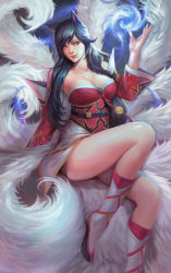 Rule 34 | 1girl, ahri (league of legends), animal ears, bare shoulders, black hair, breasts, brown eyes, cleavage, energy ball, facial mark, fox ears, fox tail, korean clothes, large breasts, league of legends, long hair, looking at viewer, multiple tails, nail polish, phamoz, solo, strapless, tail, thick thighs, thighs, whisker markings, yellow eyes