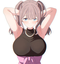 Rule 34 | 1girl, alternate hairstyle, arimon (dfrgty12), armpits, arms behind head, arms up, bare arms, bare shoulders, black shirt, blue eyes, blunt bangs, blush, breasts, brown hair, chromatic aberration, closed mouth, commentary request, hair between eyes, high-waist skirt, highres, jewelry, large breasts, looking at viewer, mochizuki honami, necklace, pearl necklace, pink skirt, project sekai, shirt, sidelocks, simple background, skirt, sleeveless, sleeveless shirt, solo, twintails, upper body, white background
