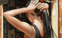 Rule 34 | 1girl, arms behind head, bathroom, black hair, black sports bra, bottle, breasts, clothes hanger, commentary, curtains, electrical outlet, english commentary, fingernails, floral print, from behind, guweiz, hairband, highres, indoors, large breasts, long hair, mirror, original, plant, potted plant, red hairband, shelf, solo, sports bra, tile wall, tiles, toothbrush, towel, tying hair, upper body, water drop, wet