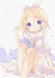 Rule 34 | 1girl, blonde hair, blue eyes, blue flower, blush, bow, chibi, coco (hinatacoco), collared dress, commentary, dress, expressionless, flower, frilled dress, frills, hair bow, hair ornament, hairclip, highres, holding, holding hair, kagamine rin, knees up, light blush, neckerchief, parted lips, rain, short hair, short sleeves, sitting, solo, treble clef, vocaloid, water drop, white bow, white dress, yellow neckerchief