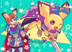 Rule 34 | 1boy, armor, blue eyes, blush, cape, cosplay, creatures (company), fire emblem, fire emblem: the binding blade, game freak, gen 2 pokemon, gloves, headband, highres, kiriya (552260), looking at viewer, male focus, nintendo, one eye closed, open mouth, pichu, pokemon, red hair, roy (fire emblem), roy (fire emblem) (cosplay), short hair, simple background, smile, super smash bros., sword, weapon