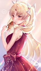 Rule 34 | 1girl, bitter sweet (fate/grand order), blonde hair, blush, bow, box, box of chocolates, breasts, chiachun0621, closed mouth, commentary request, dress, earrings, embarrassed, ereshkigal (bitter sweet) (fate), ereshkigal (fate), fate/grand order, fate (series), formal, from side, gift, gift box, hair ribbon, highres, holding, holding box, holding gift, jewelry, lips, long hair, looking to the side, medium breasts, official alternate costume, parted bangs, red bow, red dress, red eyes, ribbon, ring, sleeveless, sleeveless dress, solo, two side up, valentine, very long hair, white ribbon