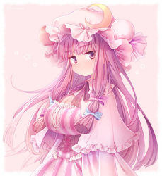 Rule 34 | 1girl, blush, bow, breasts, cleavage, crescent, hair bow, hat, kiri futoshi, large breasts, long hair, looking at viewer, patchouli knowledge, purple eyes, purple hair, solo, touhou